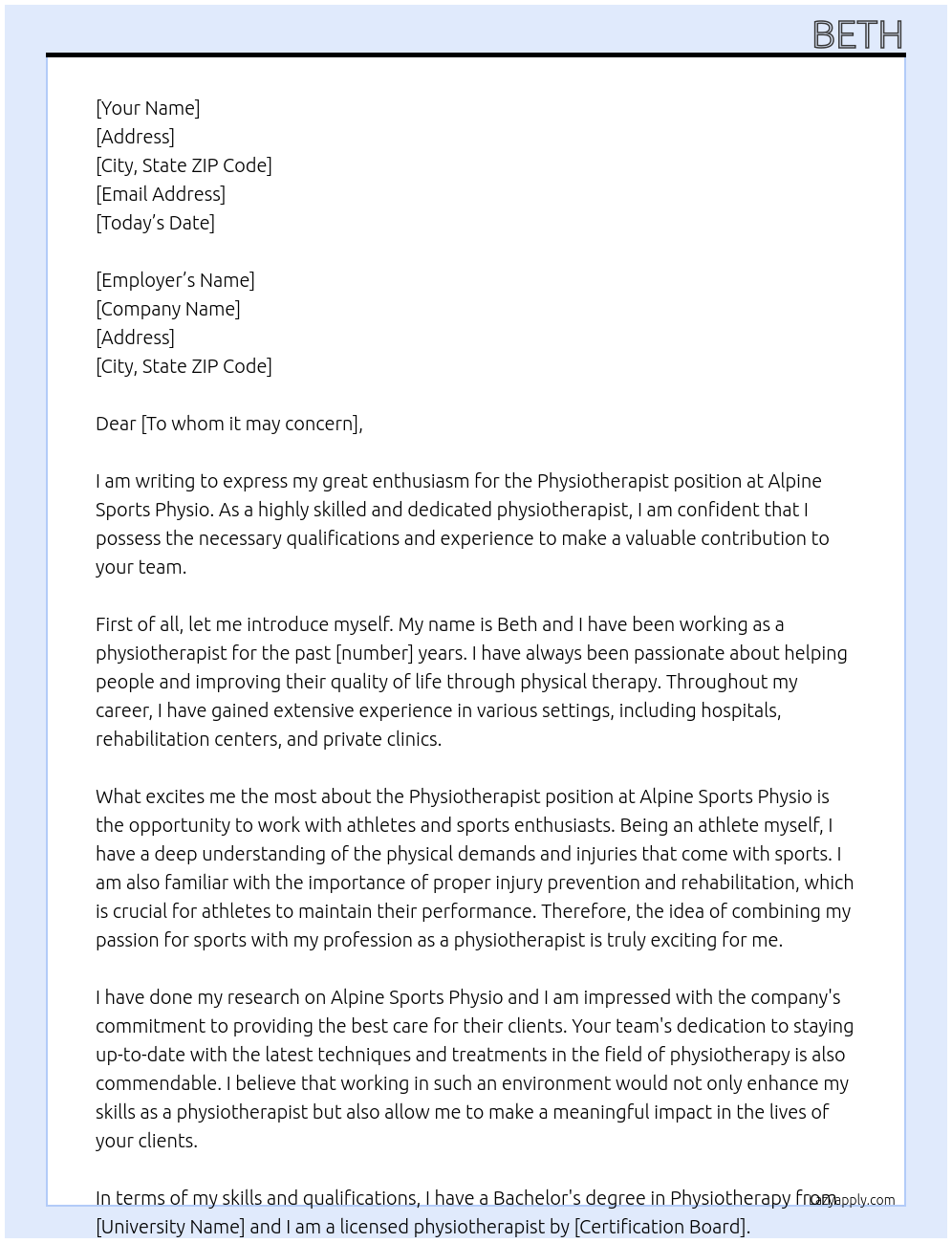 Physiotherapist At Alpine Sports Physio Cover Letter