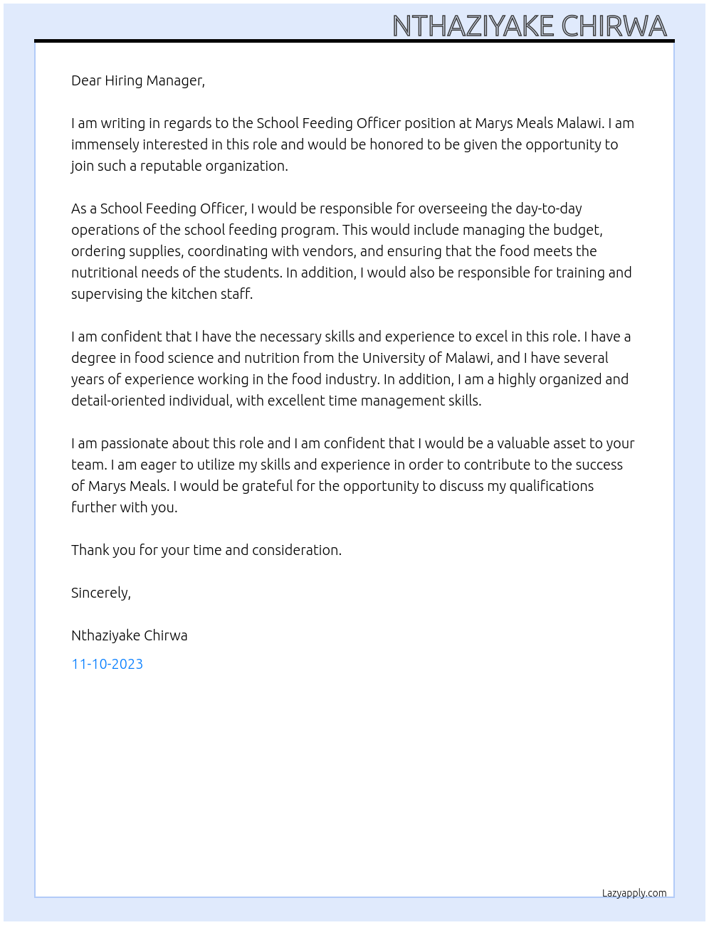 School Feeding Officer At Marys Meals Malawi Cover Letter