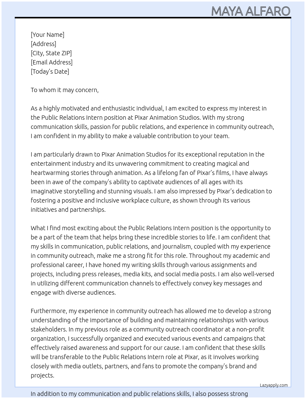 Public Relations Intern At Pixar Animation Studios Cover Letter