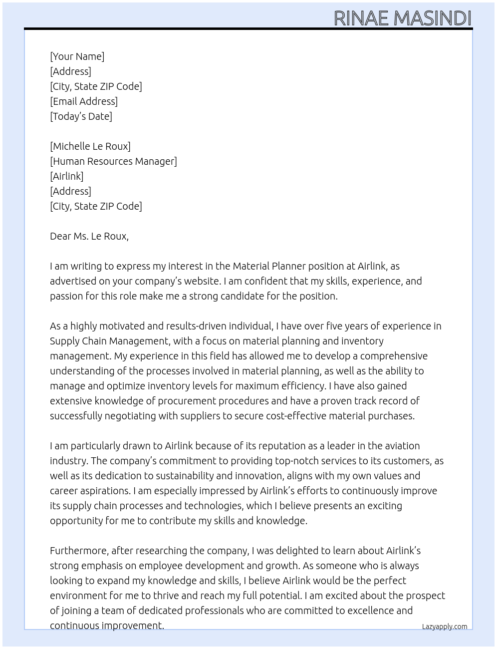 MATERIAL PLANNER At AIRLINK Cover Letter