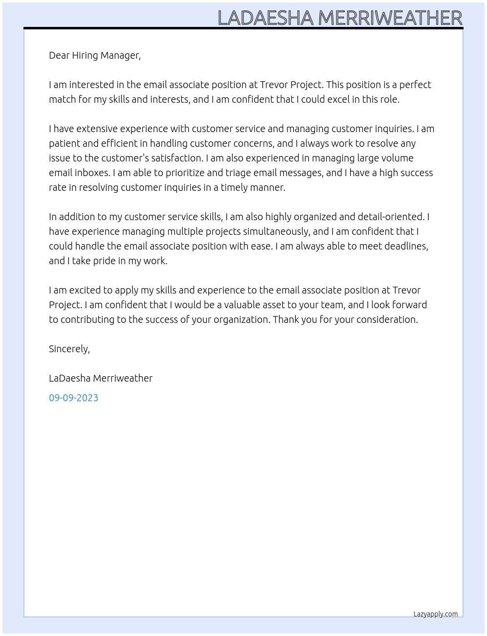 Email associate At Trevor project  Cover Letter