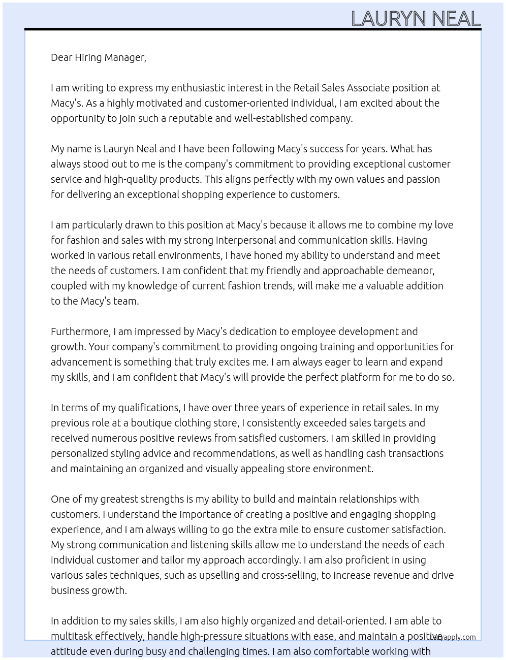 Retail sales associate At Macys Cover Letter