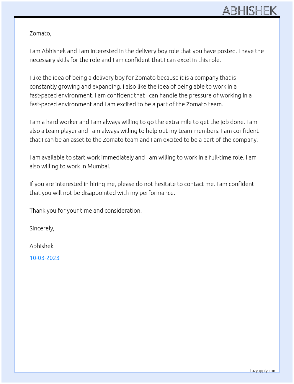 Delivery boy At Zomato app Cover Letter