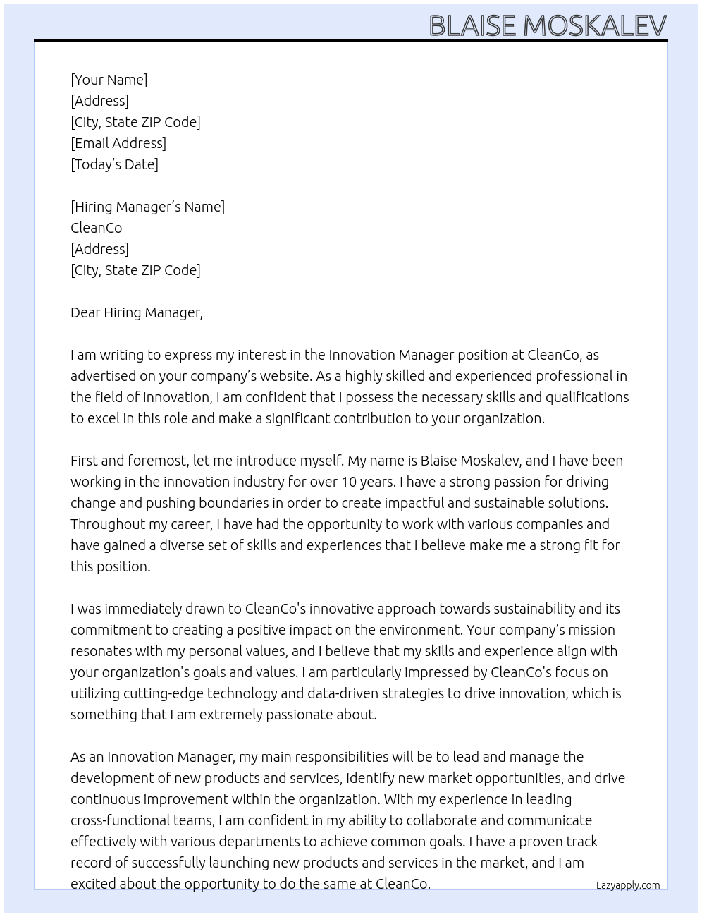 Innovation manager  At CleanCo  Cover Letter