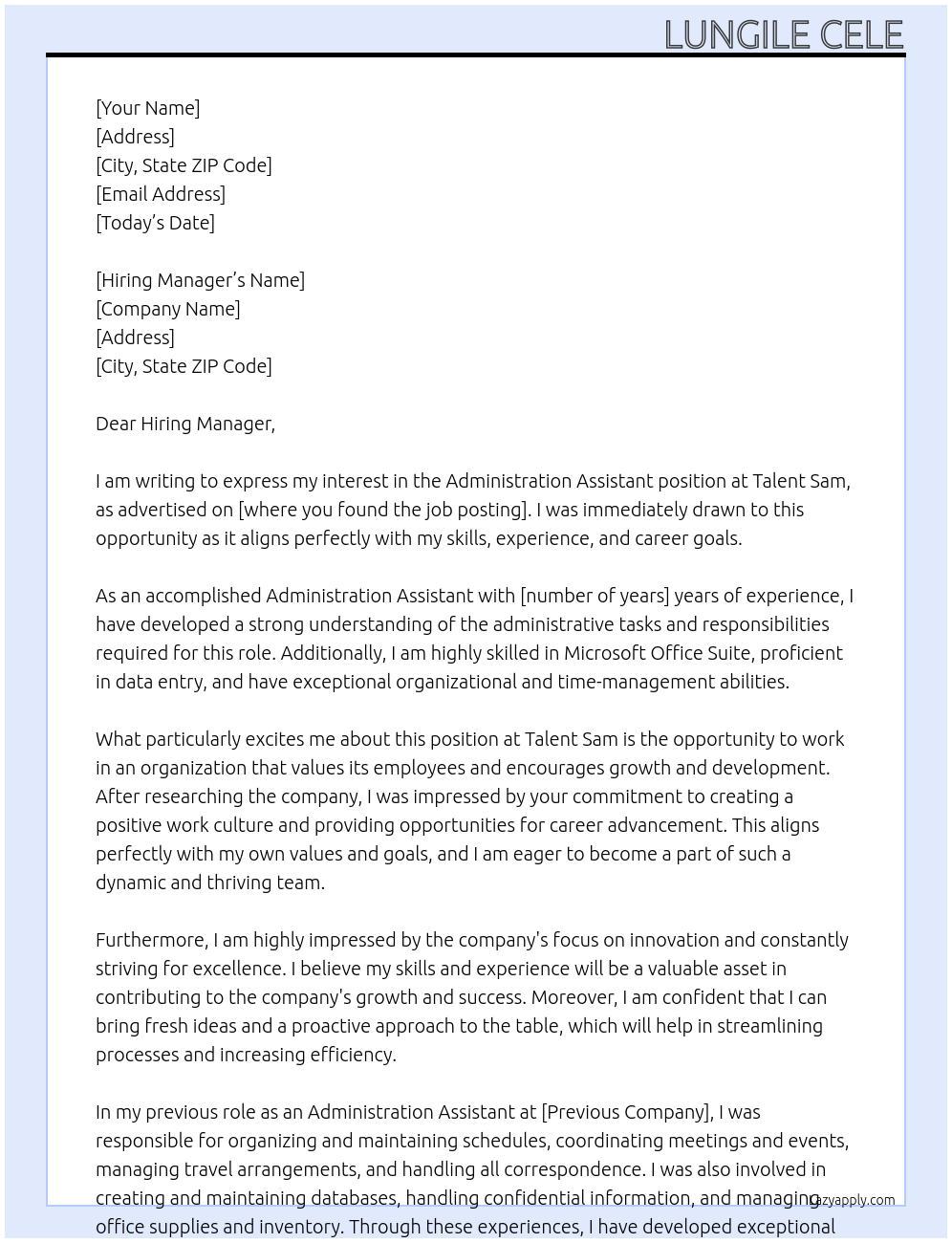 administration assistant At Talent sam Cover Letter