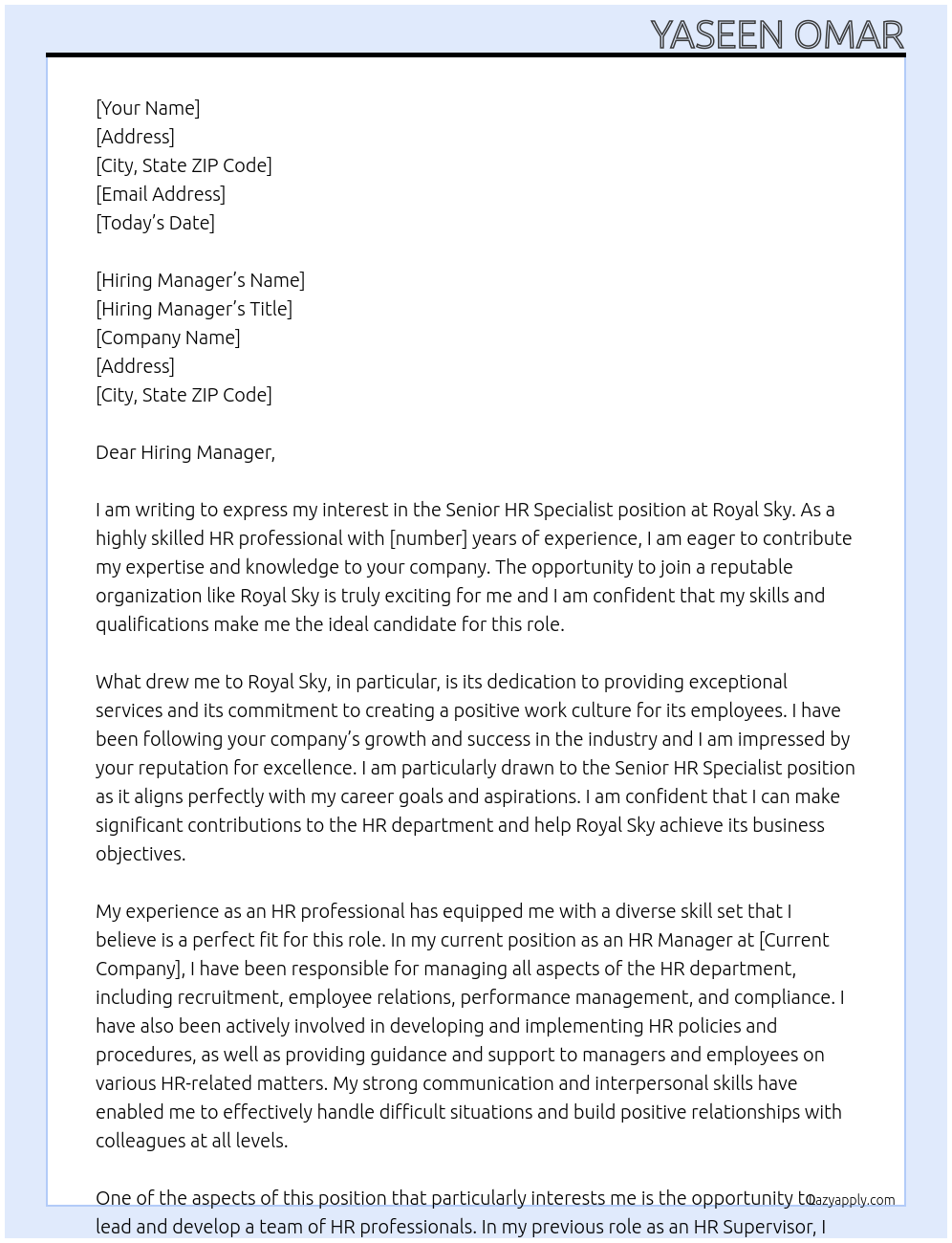 Senior HR Specialist  At Royal Sky Cover Letter