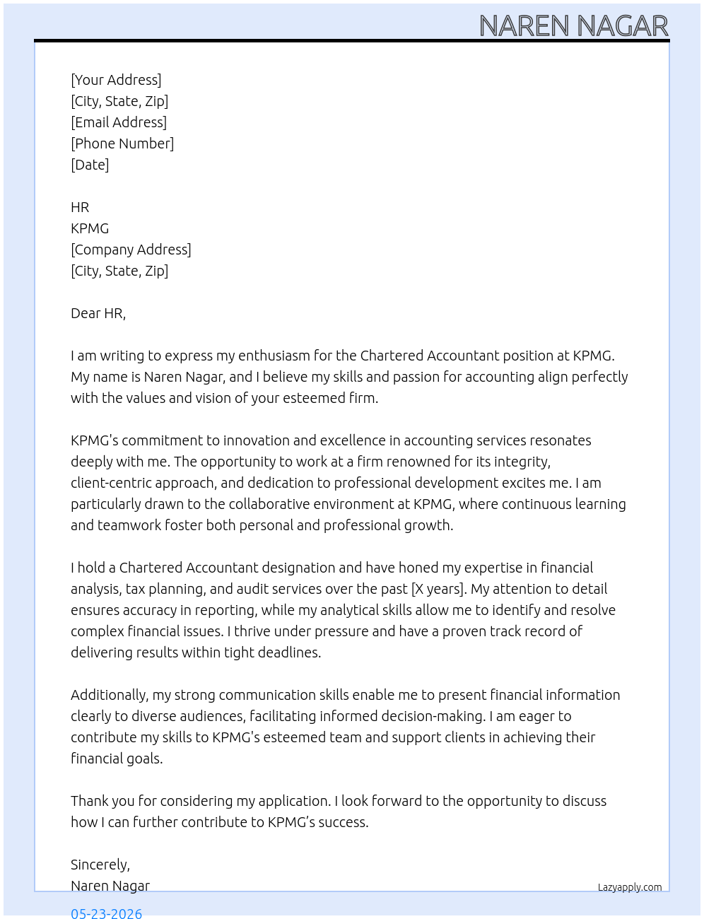 Chartered Accountant At KPMG Cover Letter