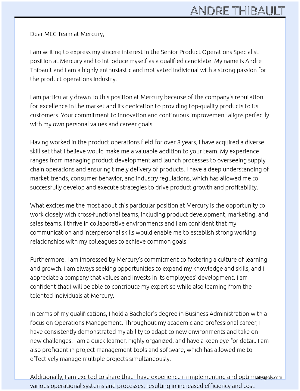 Senior Product Operations Specialist At Mercury Cover Letter