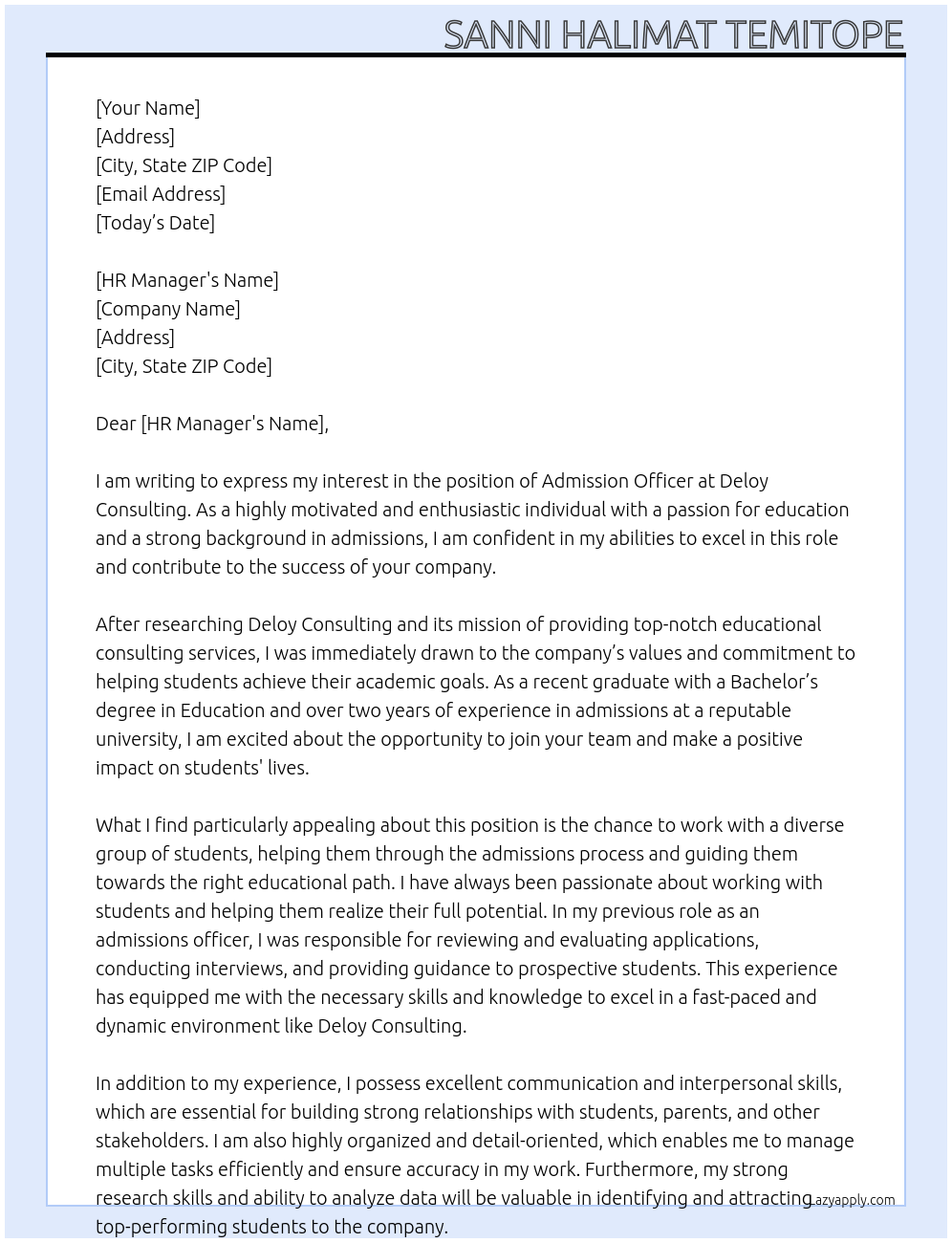 admission officer At deloy consulting Cover Letter