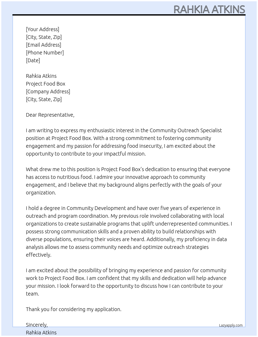 Cover letter for community outreach specialist - LazyApply