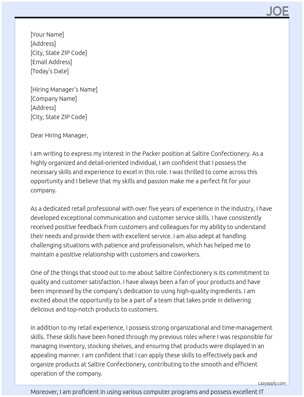 Packer At Saltire Confectionery  Cover Letter