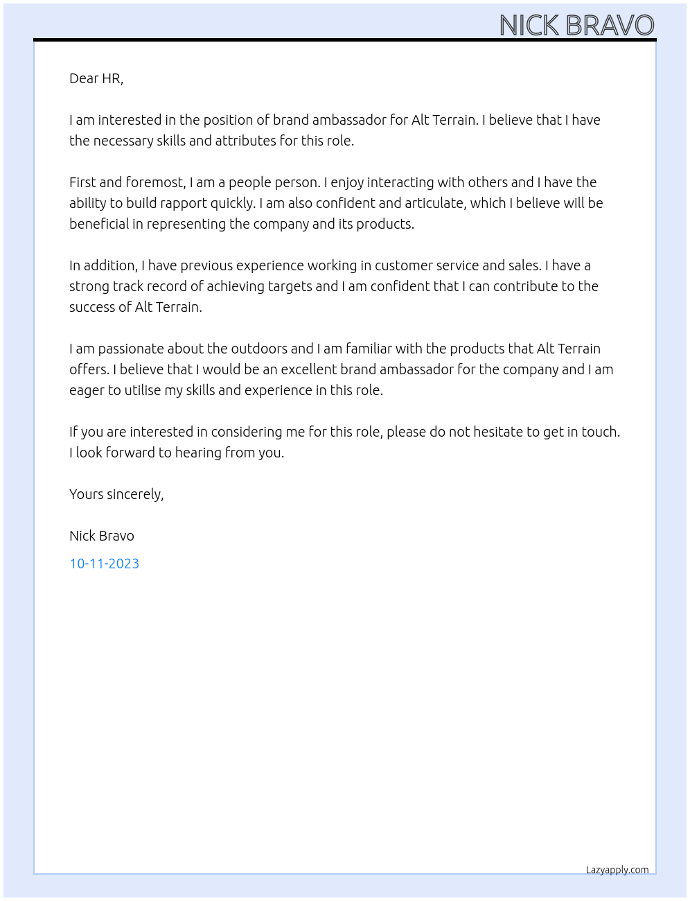 brand ambassador  At alt terrain Cover Letter