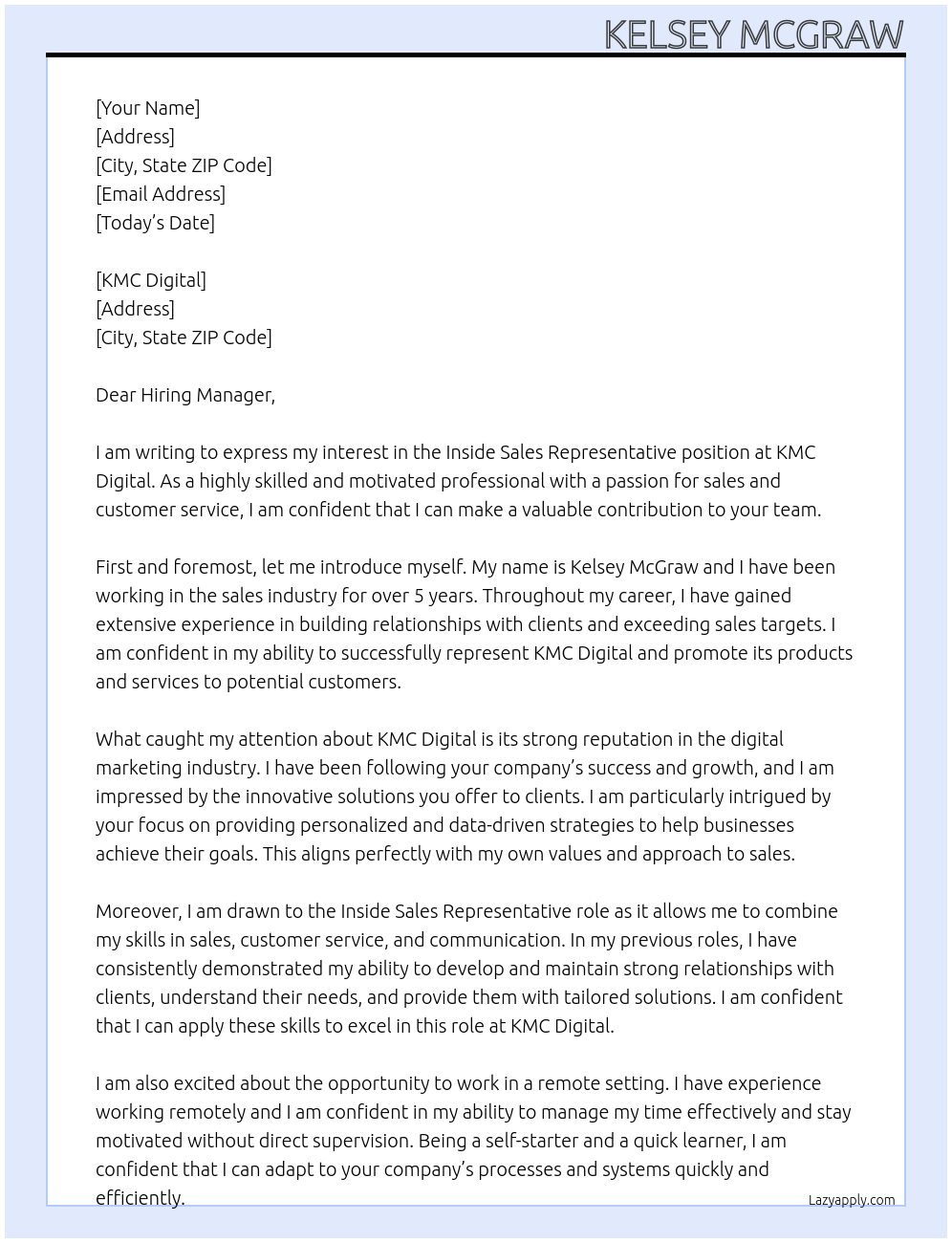 Inside Sales Representative At KMC Digital Cover Letter