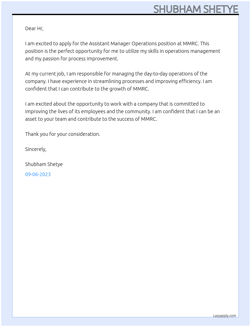 Assistant manager operations  At MMRC Cover Letter