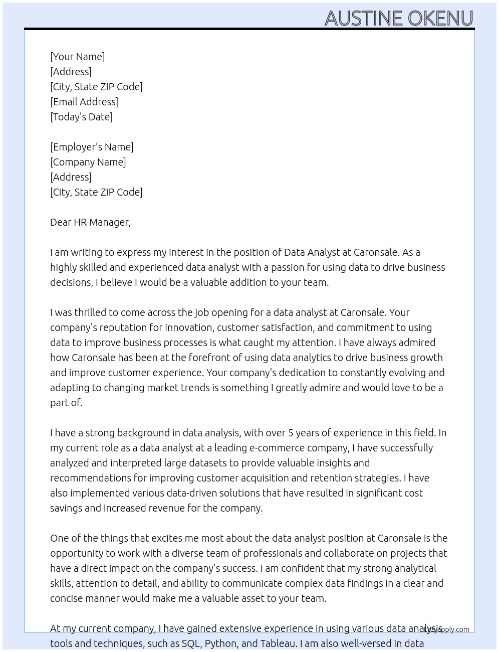 data analysis At caronsale Cover Letter