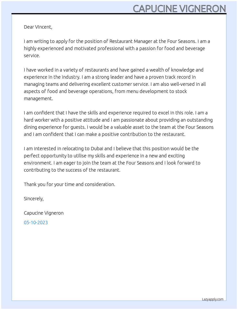 Restaurant Manager At Four Seasons Cover Letter