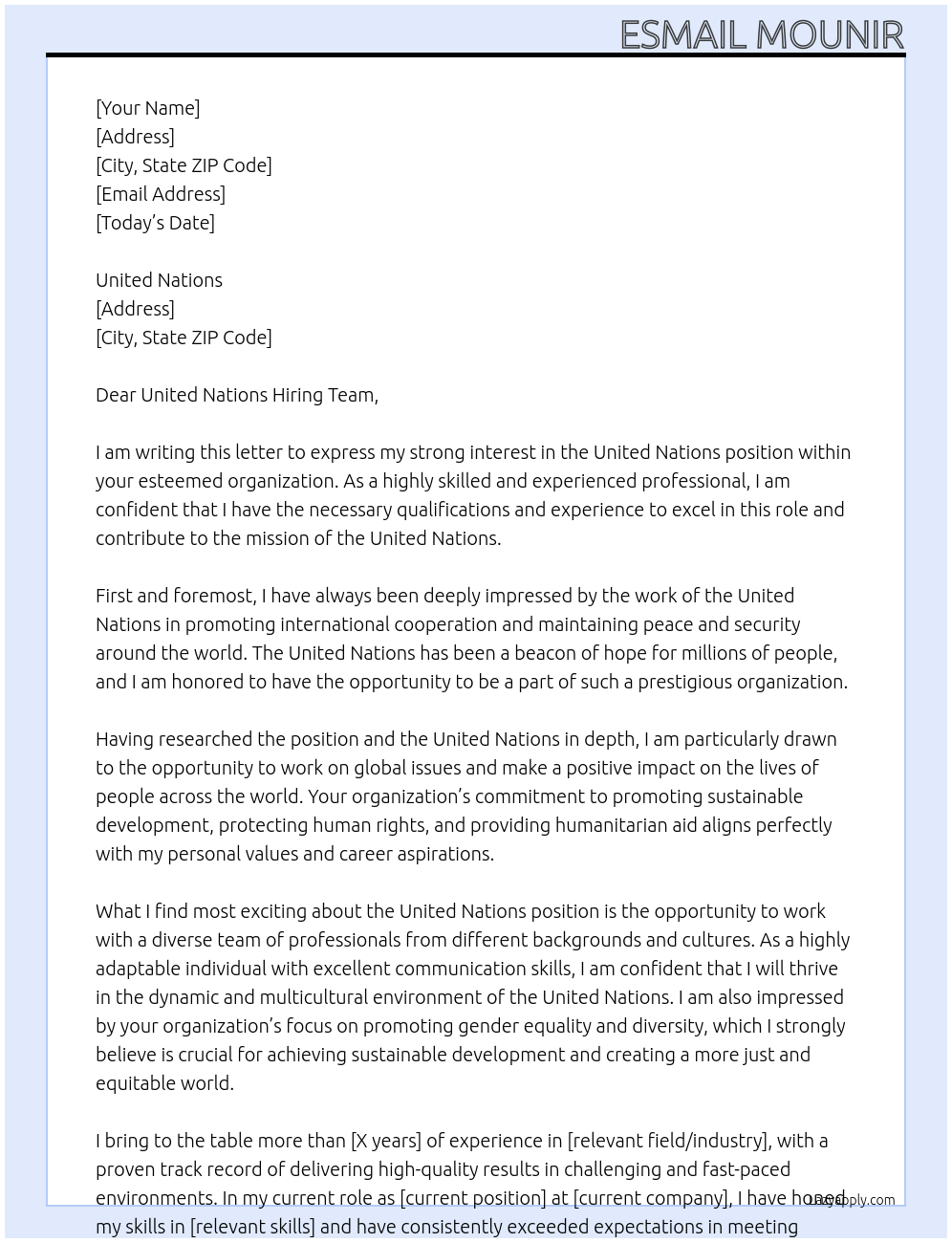 United Nations  At United Nations  Cover Letter