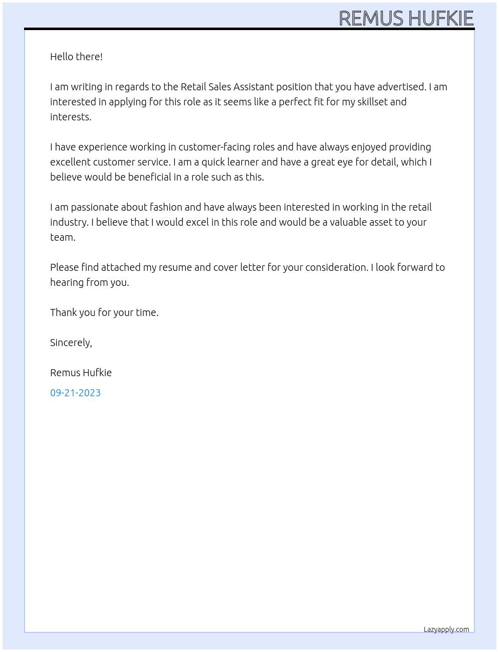 Retail Sales Assistant At Hellenstein Brothers Cover Letter