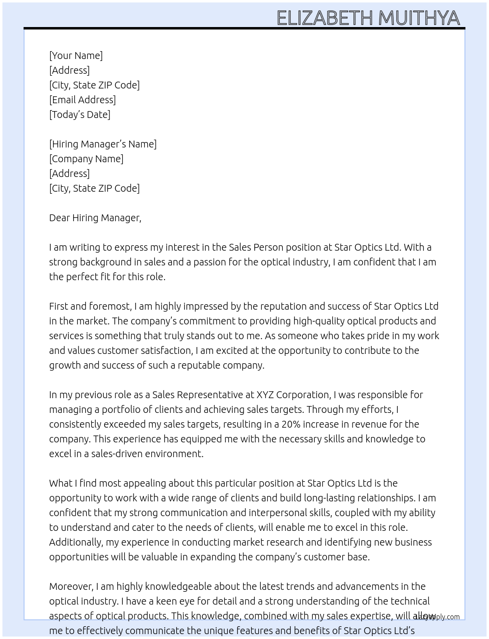 Sales person At Star optics ltd Cover Letter