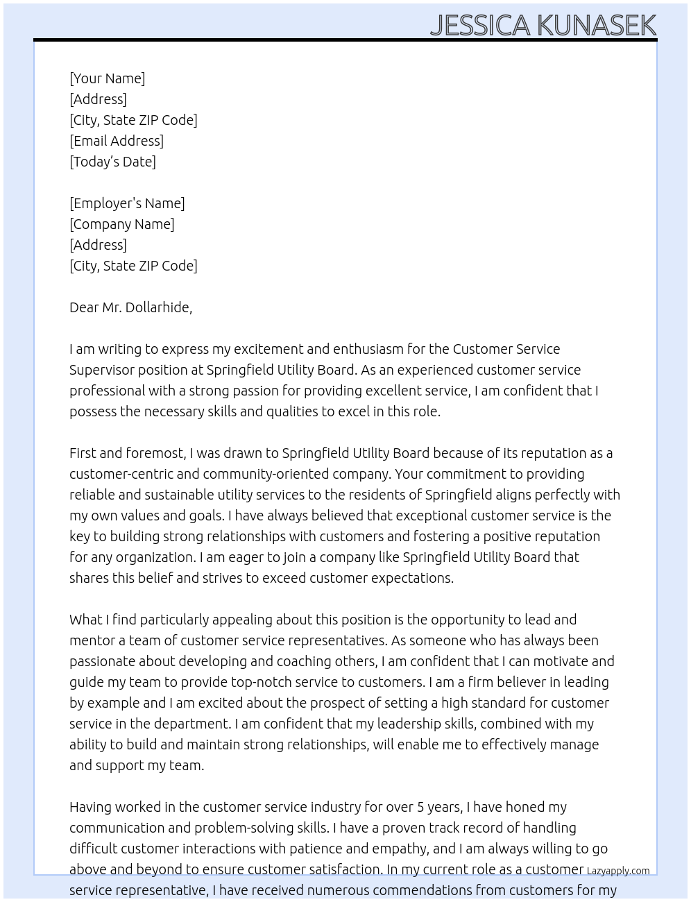 Customer Service Supervisor At Springfield Utility Board Cover Letter