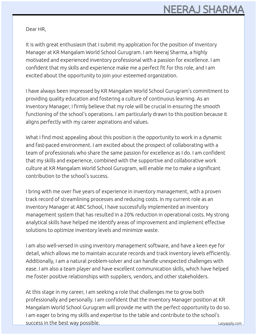 Inventory Manager At KR Mangalam World School Gurugram Cover Letter