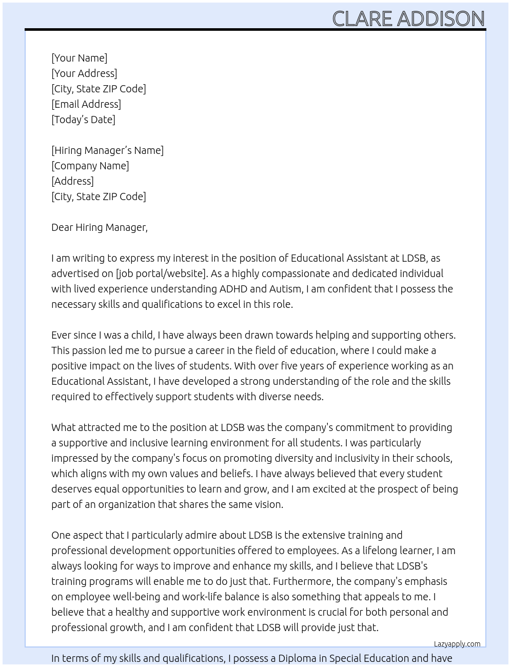 Educational Assistant At LDSB Cover Letter