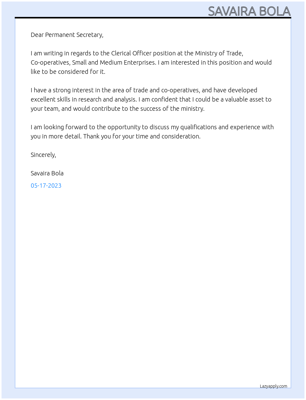 Clerical Officer At Ministry of Trade, Co-operatives, Small and Medium Enterprises Cover Letter