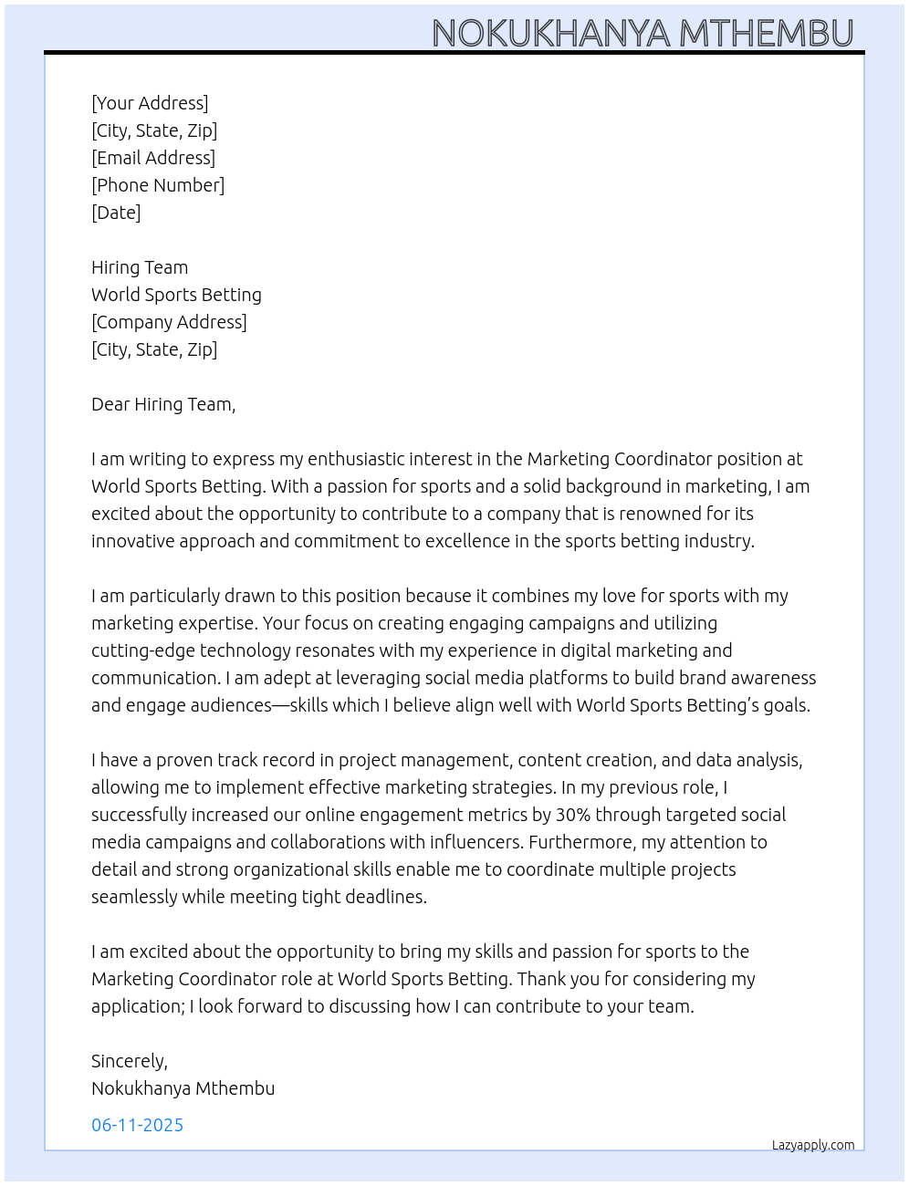 Marketing Coordinator At World Sports Betting Cover Letter