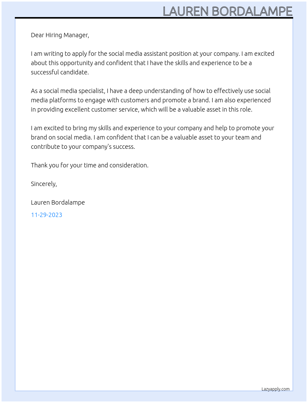 social media assistant At . Cover Letter
