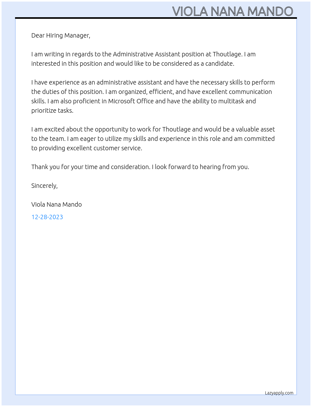 Adminstrative assistant At Thoutlage Cover Letter