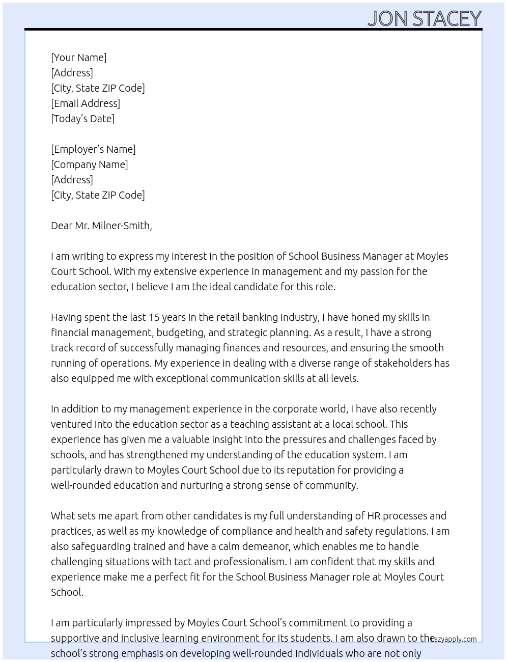 School Business Manager At Moyles Court School Cover Letter