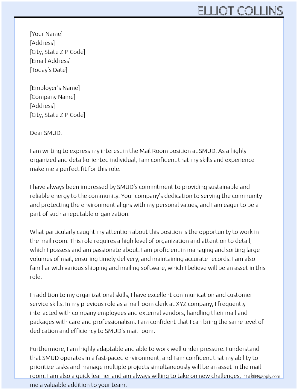 Mail Room At Smud Cover Letter