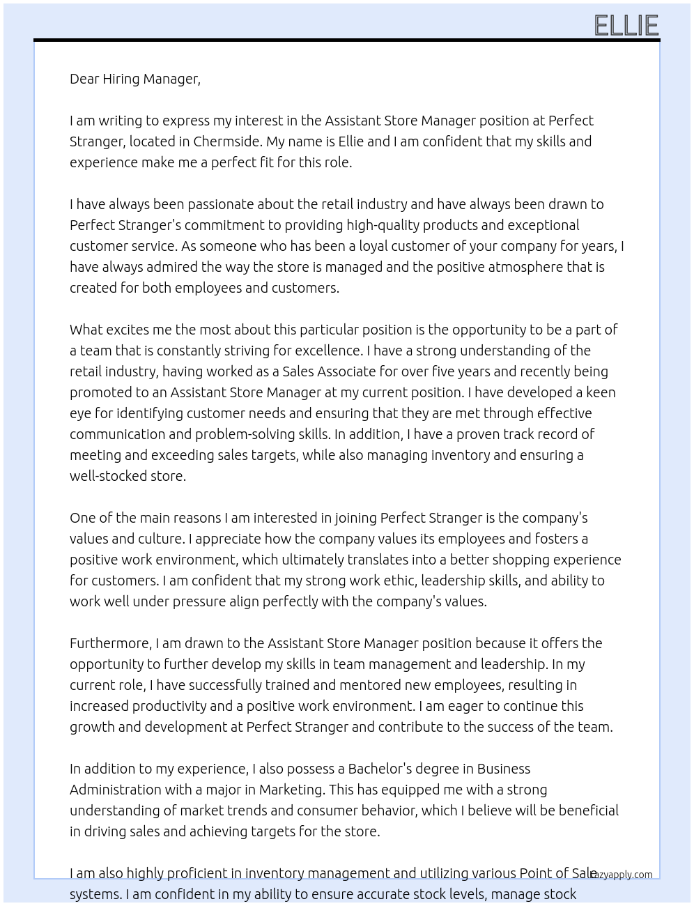 Assistant Store Manager At Perfect Stranger Cover Letter