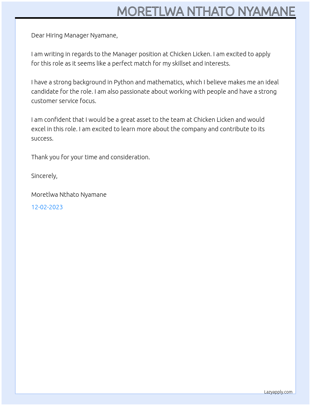 Manger At Chicken Licken Cover Letter