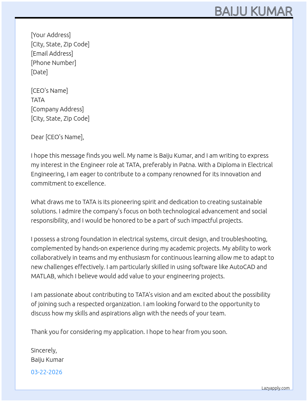 Diploma electrical engineering  At TATA Cover Letter
