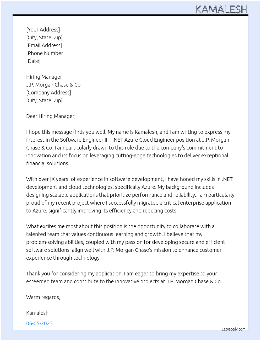 Software Engineer III - .NET AZURE Cloud Enginee At J.P. Morgan Chase & Co Cover Letter