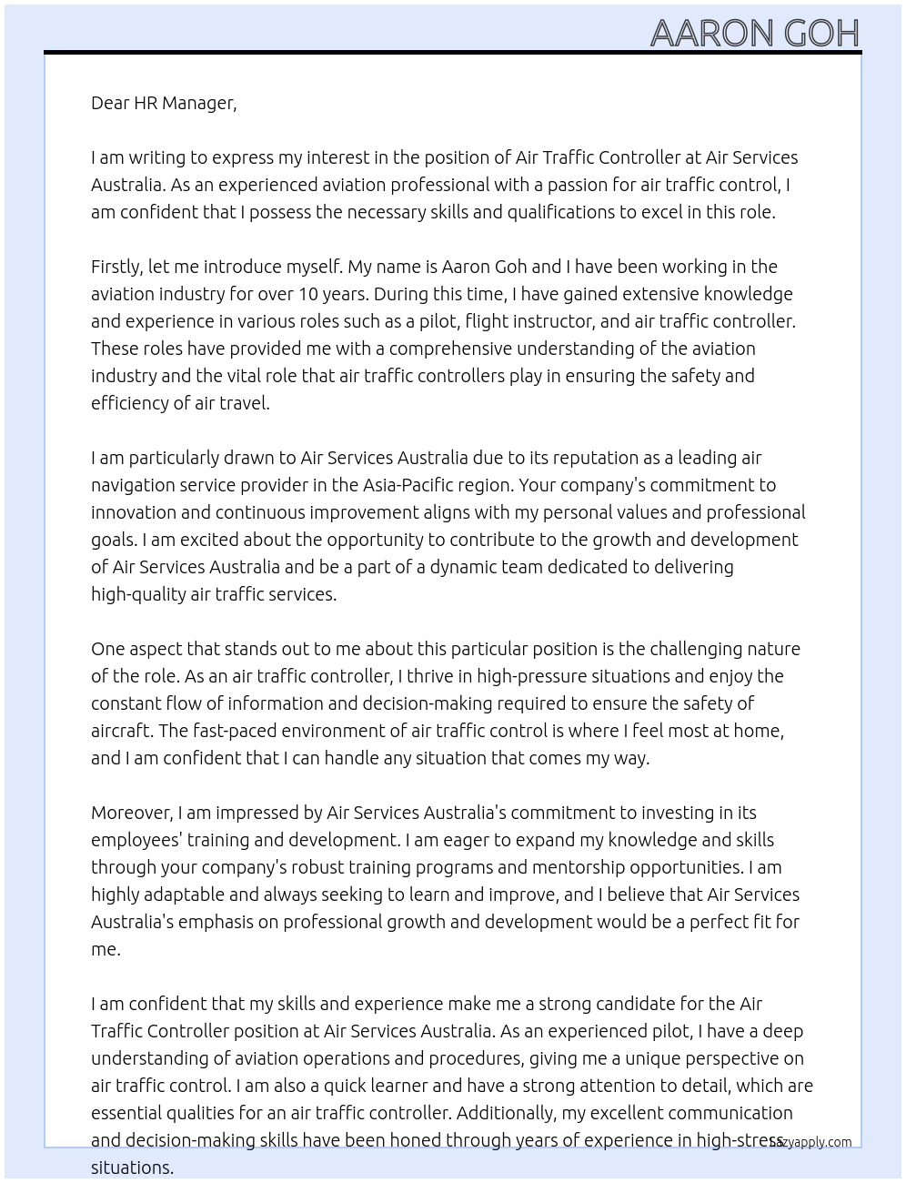 Air Traffic Controller At Air Services Australia Cover Letter