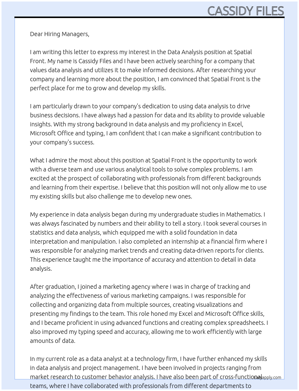 Data analysis At Spatial Front Cover Letter