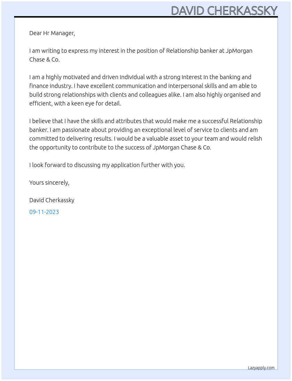 Relationship banker At JpMorgan Chase & Co Cover Letter