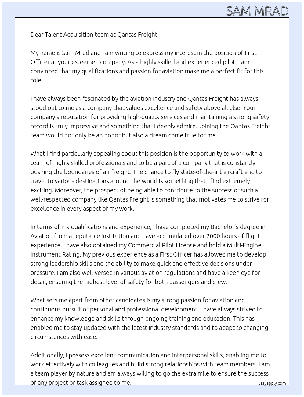 first officer At Qantas Freight Cover Letter