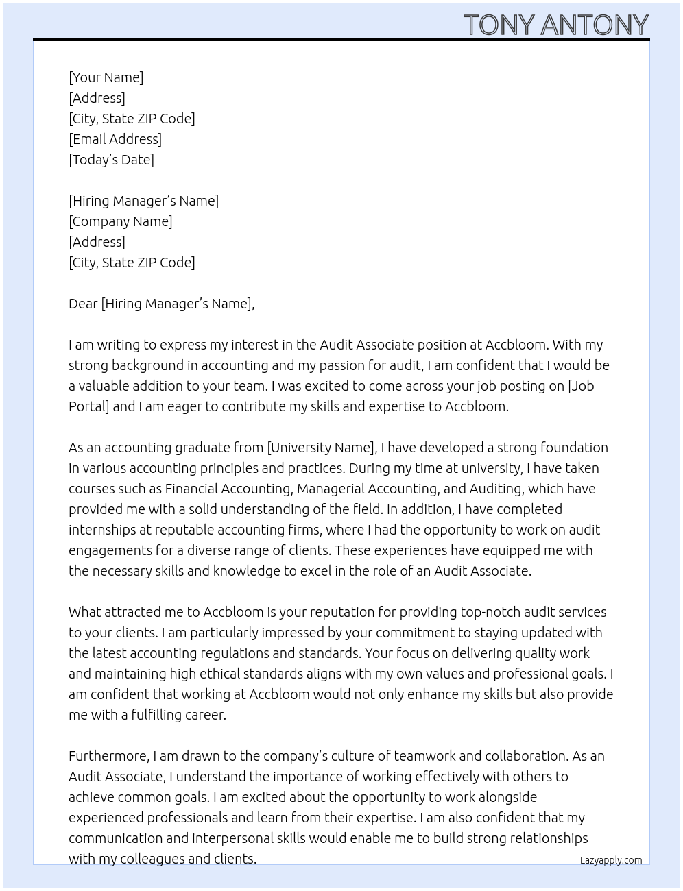 audit associate At accbloom Cover Letter