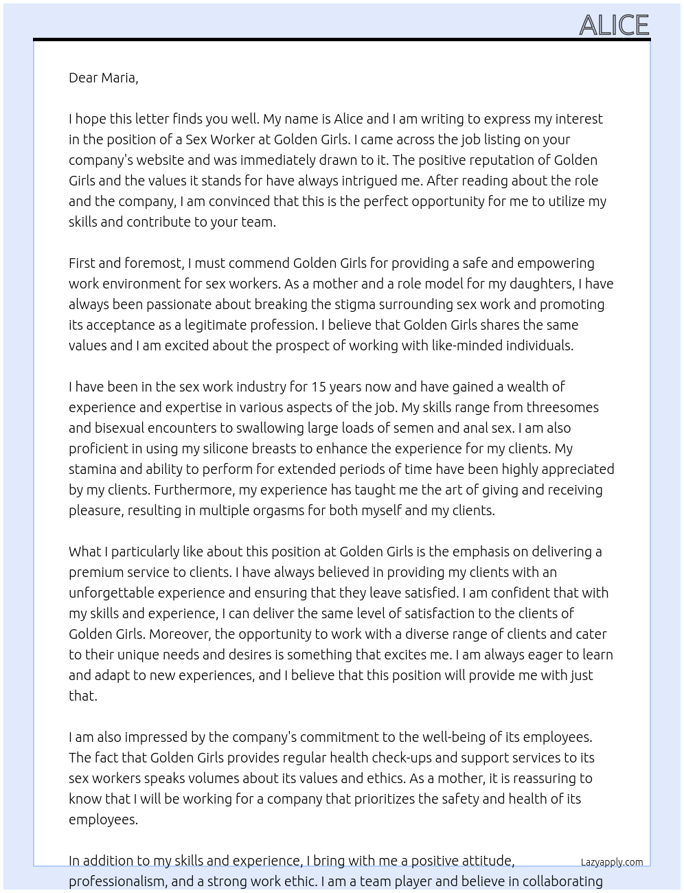 Sex worker At Golden Girls Cover Letter