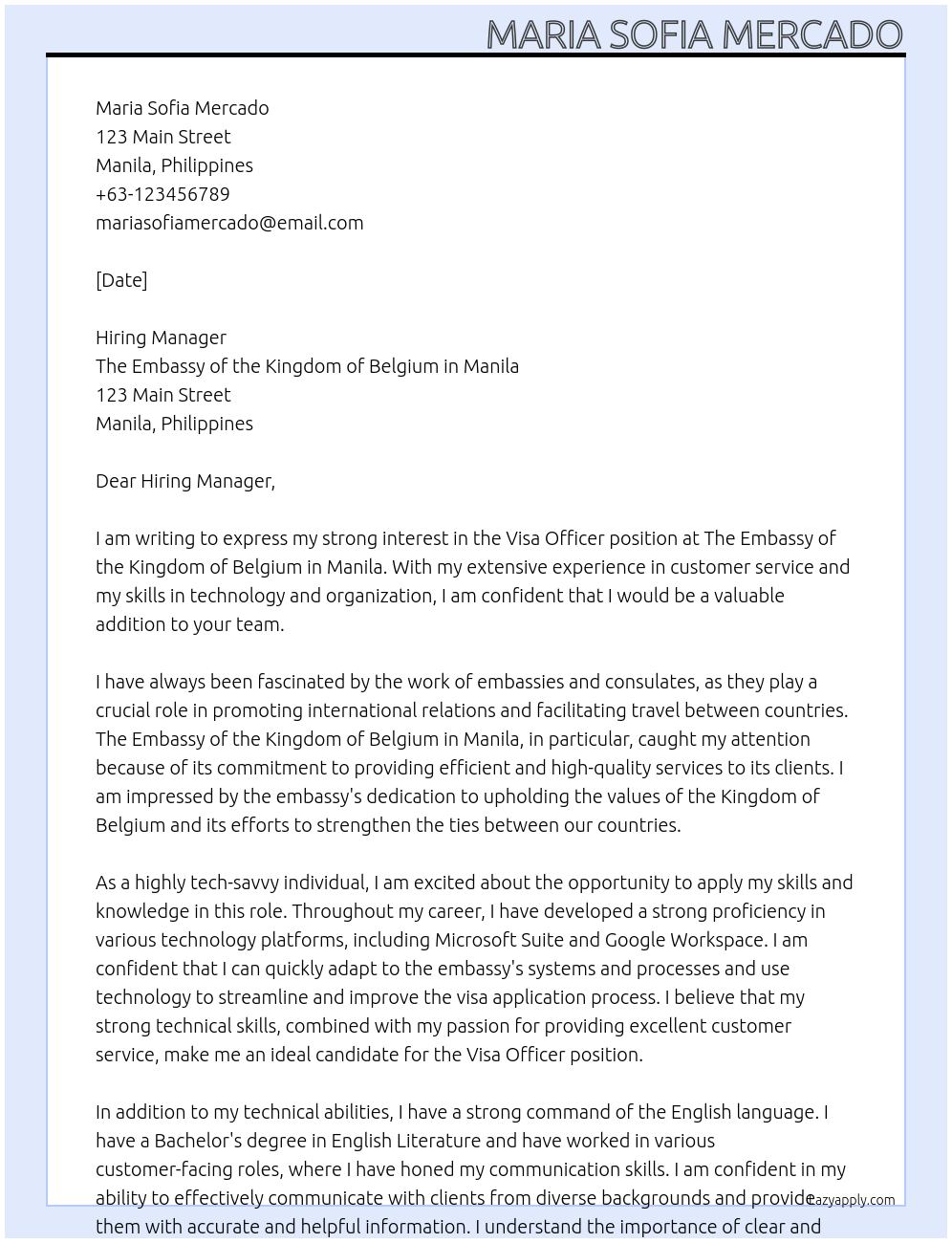 Visa Officer At The Embassy of the Kingdom of Belgium in Manila Cover Letter