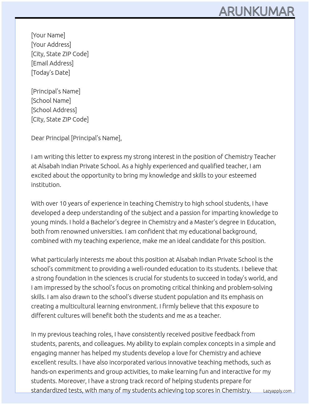 Chemistry teacher At Alsabah Indian Private School Cover Letter