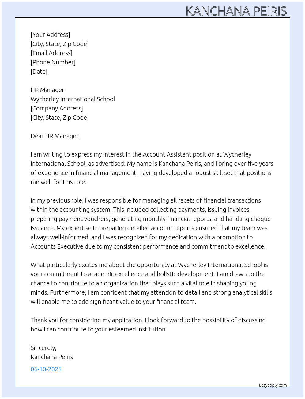 Account assistant At Wycherley International School Cover Letter