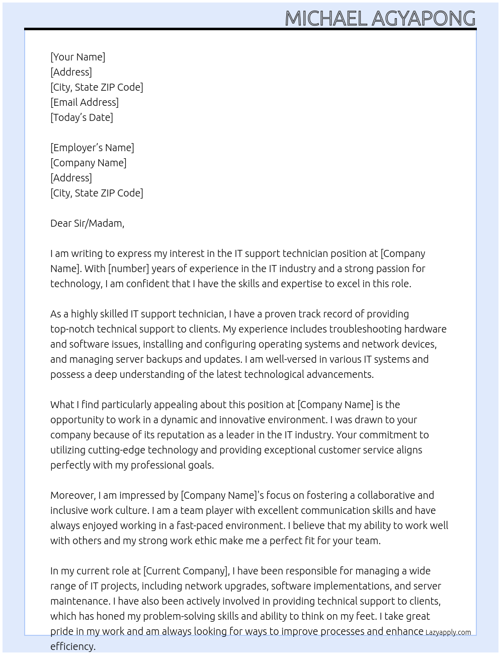 IT support technician At IT support technician Cover Letter