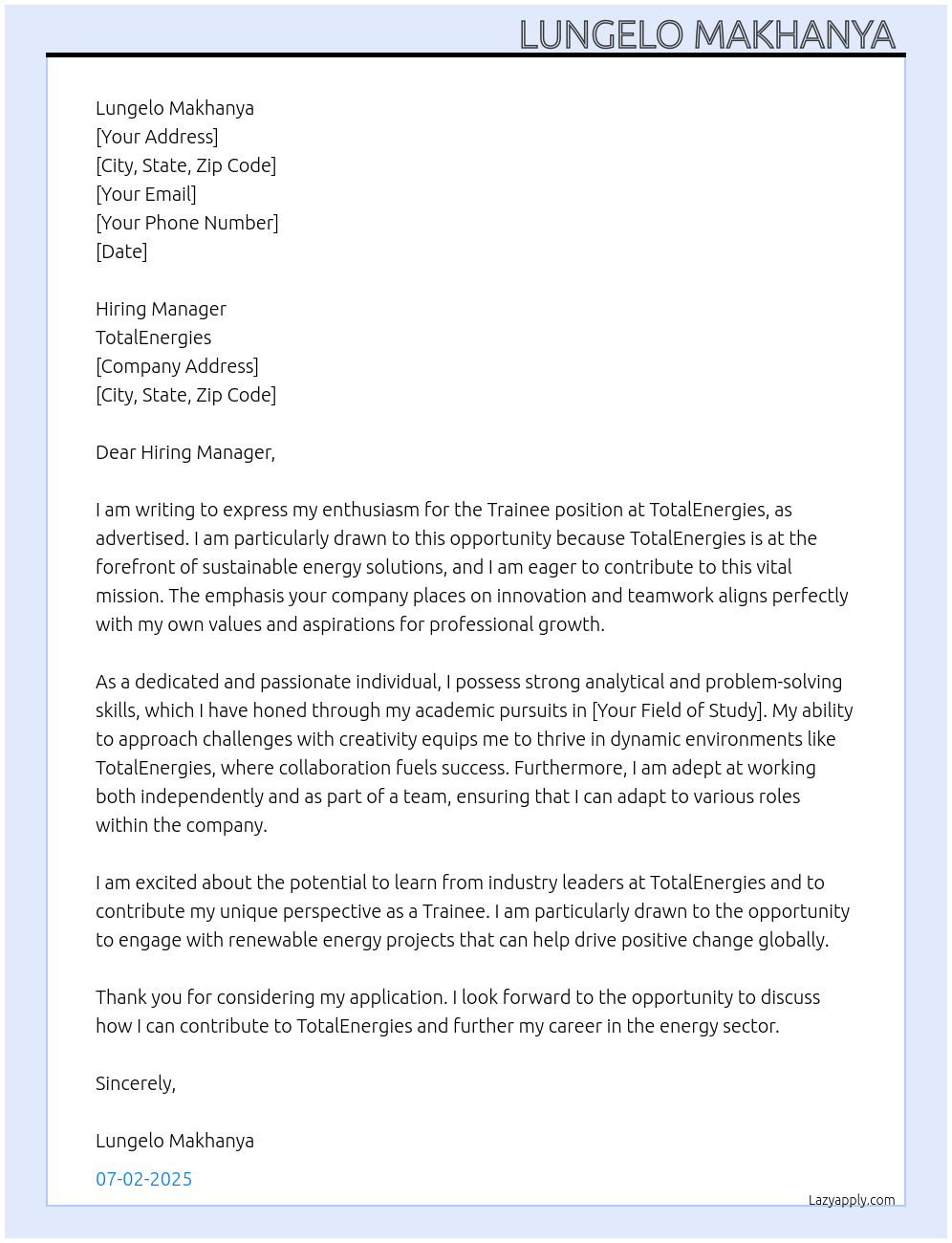 Trainee At TotalEnergies Cover Letter