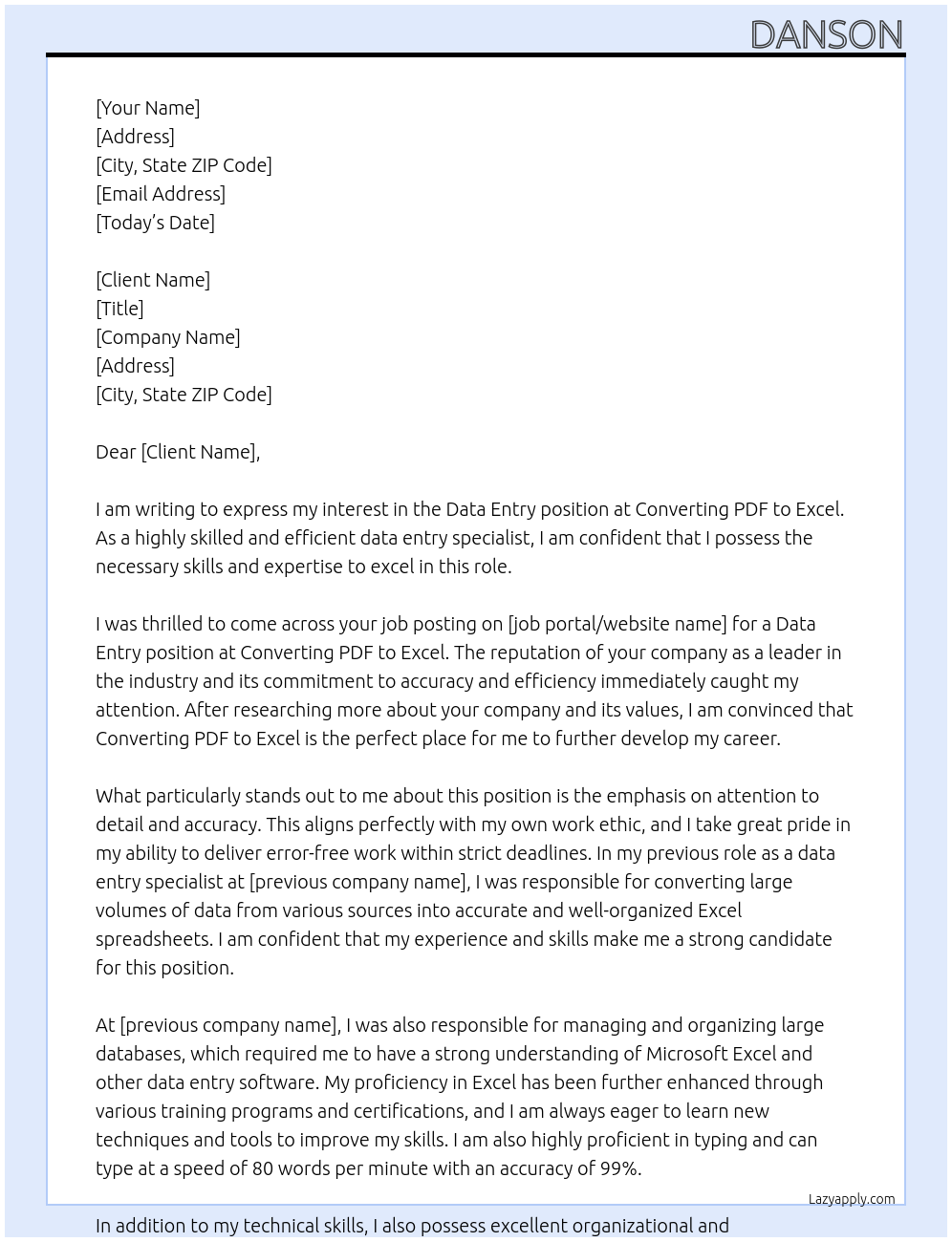 Data enty At Converting pdf to excel Cover Letter