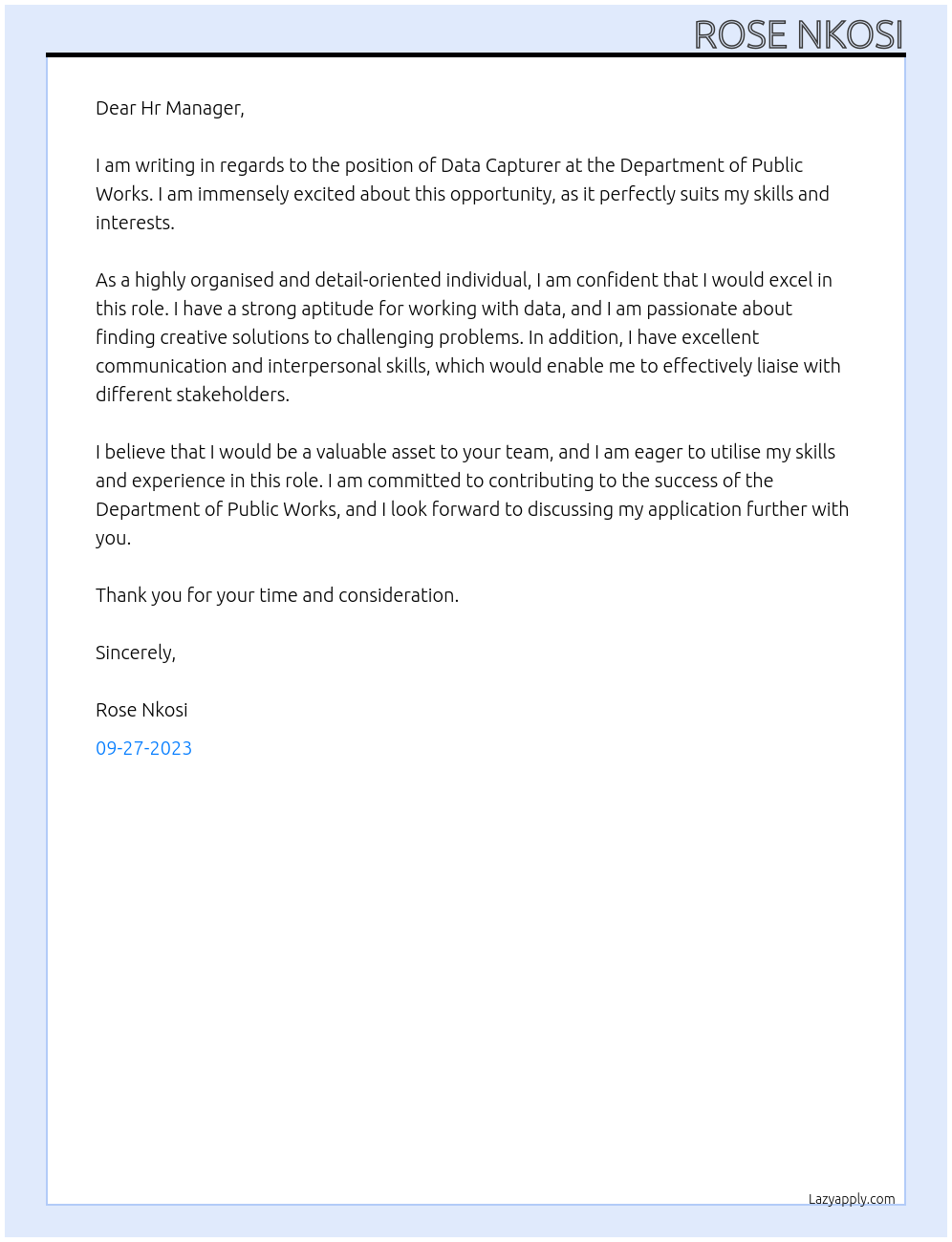 Data capturer At Department of Public Works Cover Letter