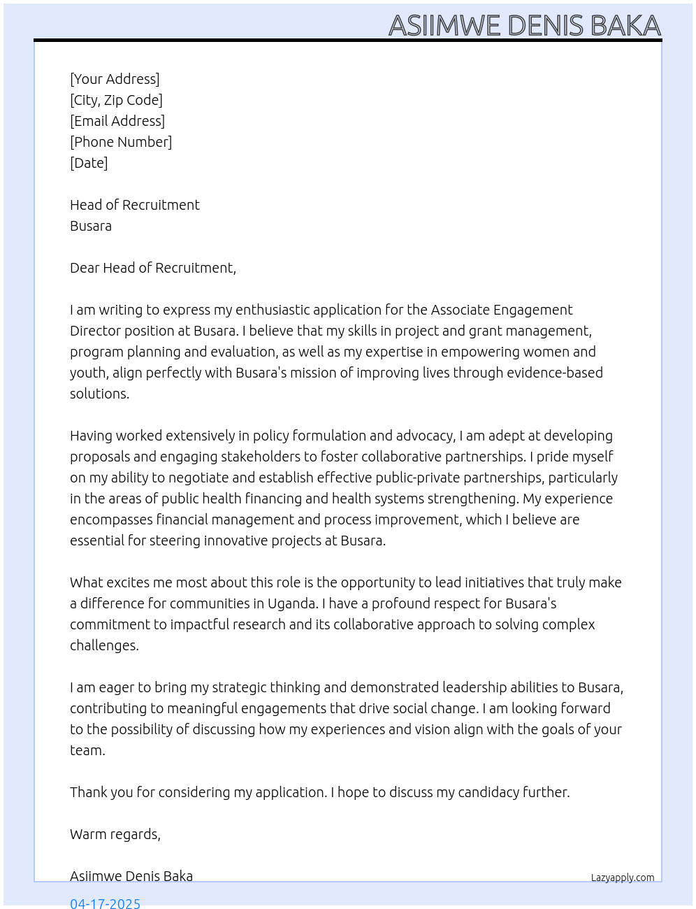 Associate Engagement Director At Busara Cover Letter